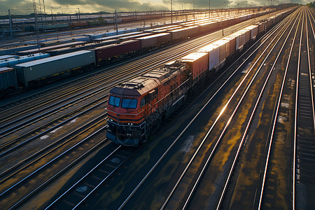 日落时火车和铁轨图片