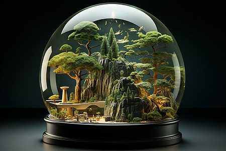 玻璃球里的假山盆景背景图片