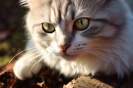 开心的猫原木上注视着镜头的一只猫背景