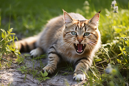 草地上张大嘴巴的猫咪图片