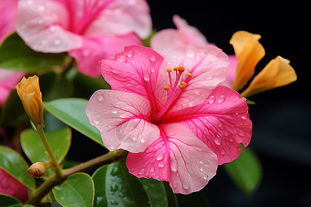 美丽的粉色花朵上有水滴图片