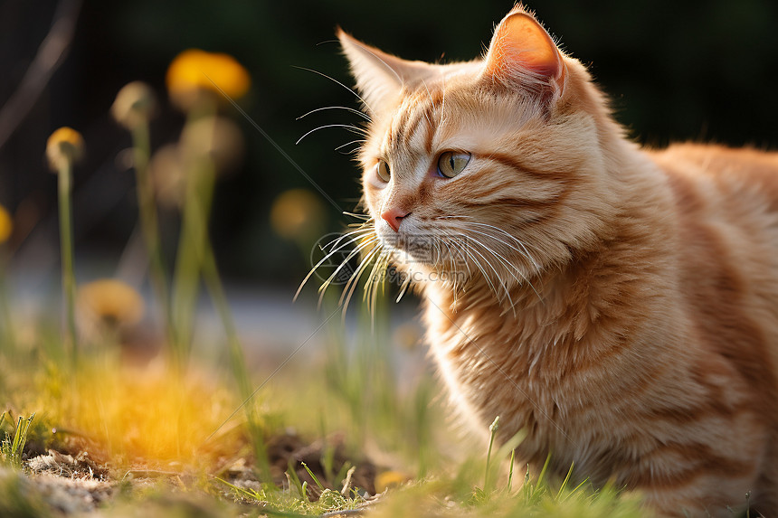 小猫在花草丛中漫步图片