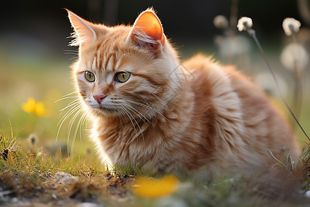 绿草地里一只黄色的猫背景图片