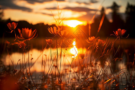 夕阳映照着湖畔花朵图片