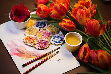 艺术创作台上的花朵与绘画图片
