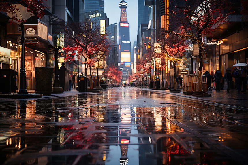 雨后夜幕下的城市步行街图片