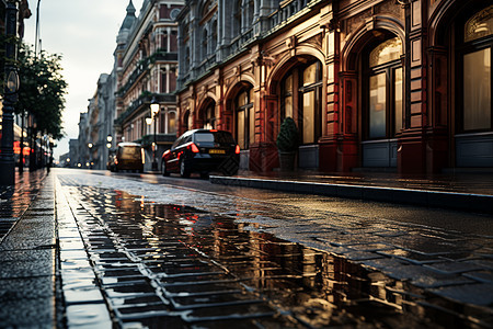 雨滴打湿的城市街道背景图片