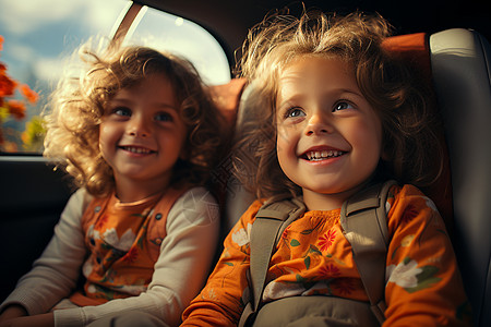 两个儿童坐在儿童汽车座椅上背景图片