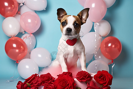 小狗坐在鲜花和气球中间图片