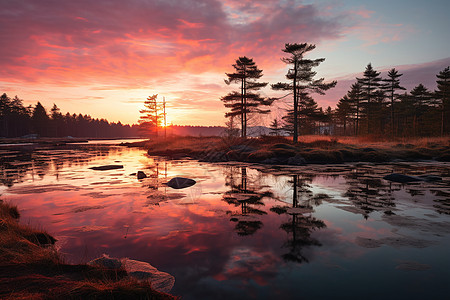 山水自然风光湖边夕阳映红山水背景