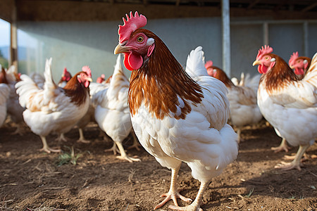 小鸡在农舍旁的土地上站着背景图片
