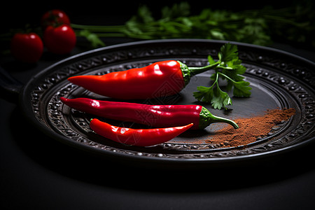 三个红辣椒在盘子里背景图片