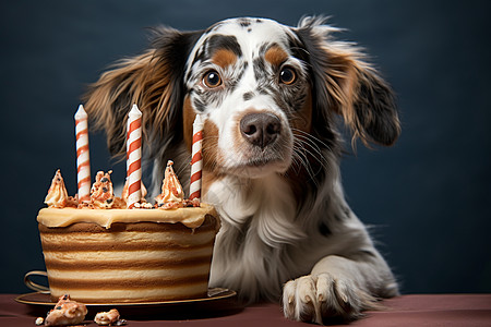 一只小狗坐在蛋糕前图片
