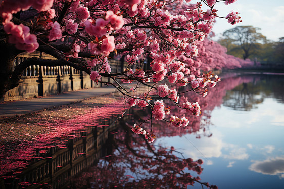 湖景和美丽的花朵图片