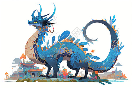 拥有蓝色的龙和闪耀金色尾巴矗立在城市背景前的奇幻之美图片