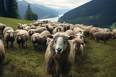 山间草地上的羊群背景图片