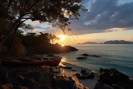 日出岩石海岸的美丽景观图片