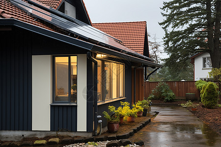 雨中的欧洲木质房屋住宅图片