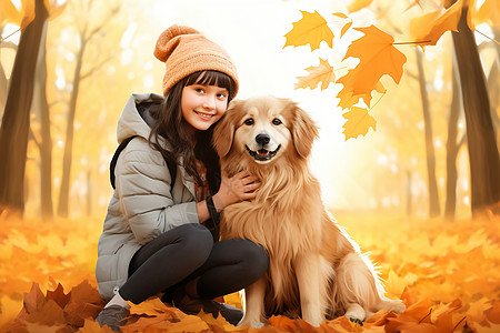 秋季树林中的小女孩和小狗背景图片