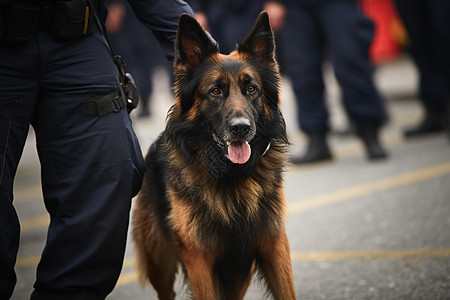 警察街道上经过训练的警犬背景