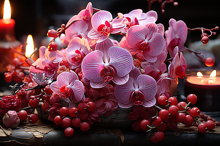 桌子上的兰花和浆果背景图片