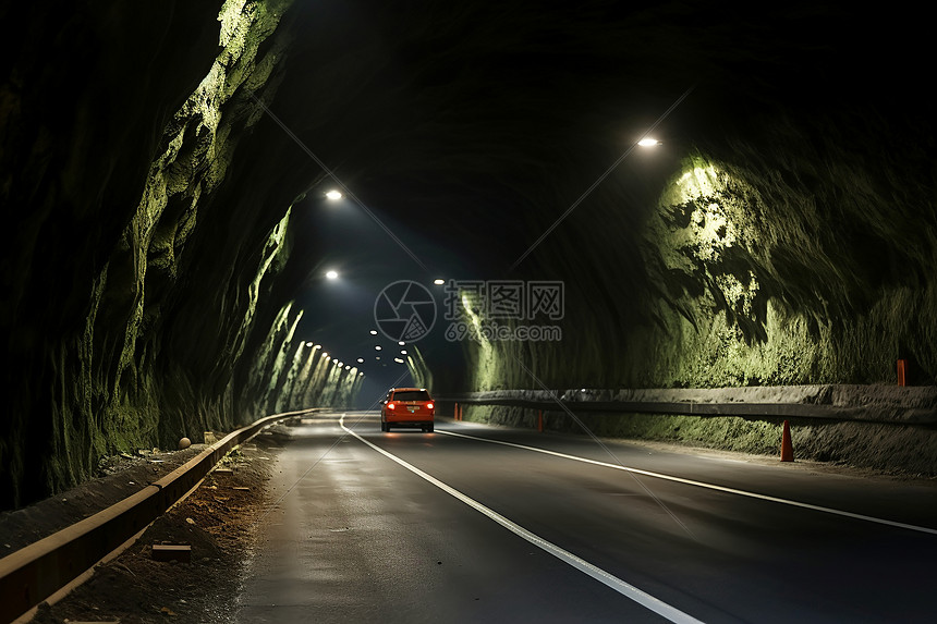 岩石山洞中的汽车隧道图片