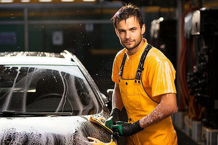 清洗汽车的车场洗车工背景图片