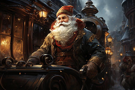 夜幕中列车上的圣诞老人图片