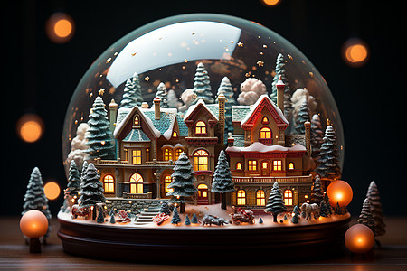 圣诞节的林中村庄水晶球图片