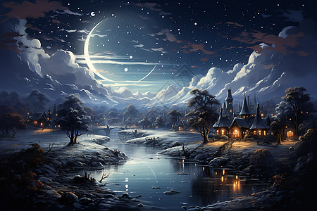 月夜下静谧的湖畔村庄背景图片