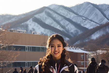 灿烂的阳光冬季操场上开朗的女子背景