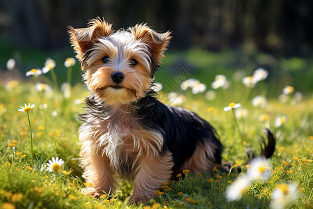 快乐的小狗在雏菊丛中图片