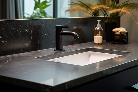 黑色台面的浴室洗手池高清图片