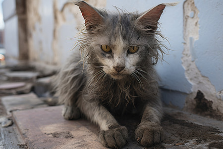 街道上肮脏的流浪猫图片