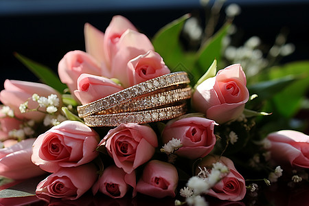浪漫的花束和结婚戒指背景图片