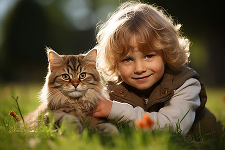 孩子在草地男孩抱着猫咪在草地上背景