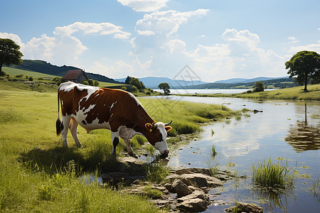 河边草地上的奶牛图片
