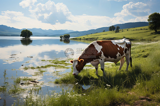 河边吃草的奶牛图片
