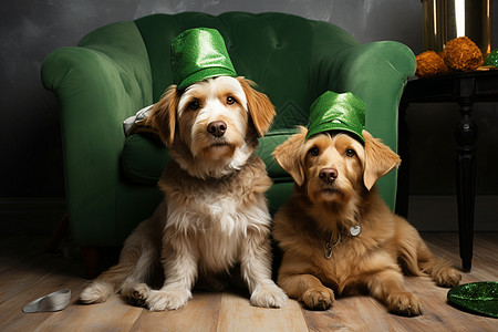 戴着绿帽子的小狗坐在地板上图片