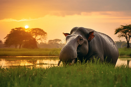 傍晚一只大象站在草地上图片