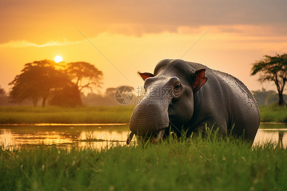 傍晚一只大象站在草地上图片