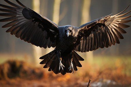 鸦鸟展翅飞翔于森林中图片