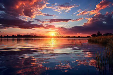 湖上日落彩霞图片