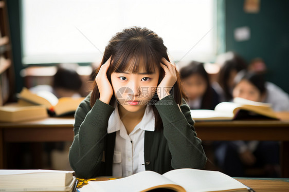 教室里沉思的女学生图片