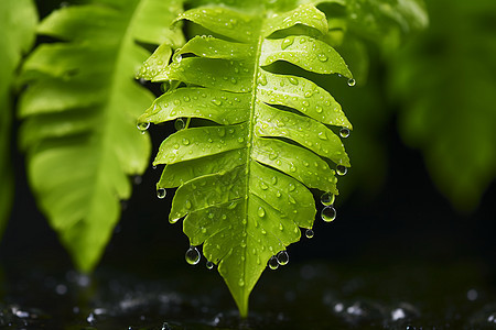 新鲜绿叶上的水滴背景图片