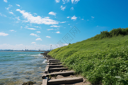 海边风景蓝天大堤高清图片