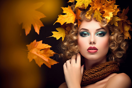 落叶堆里的美女背景图片