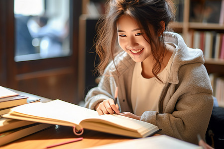 图书馆阅读书籍的女大学生图片