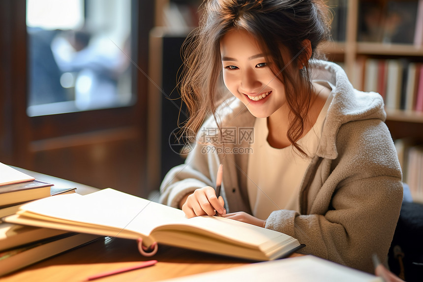 图书馆阅读书籍的女大学生图片