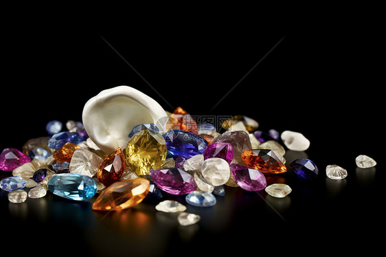 桌面上堆放的炫彩宝石图片